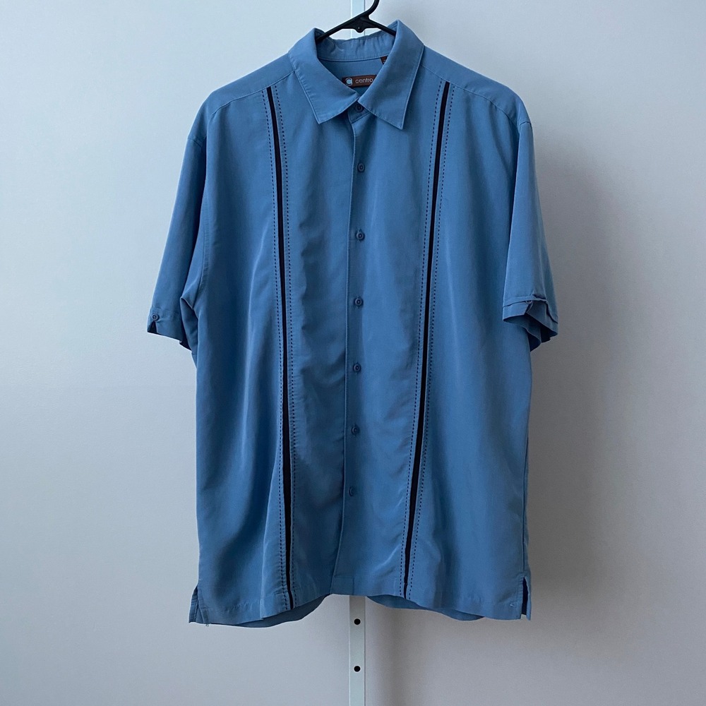 Centro Relaxed Beachy Coastal Tropical Rugged Guayabera Cuban Shirt L Blue